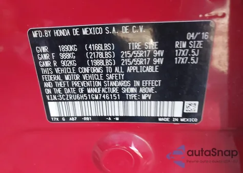 2016 Honda Hr-V Ex z USA, uszkodzony, nr VIN 3CZRU6H51GM746151